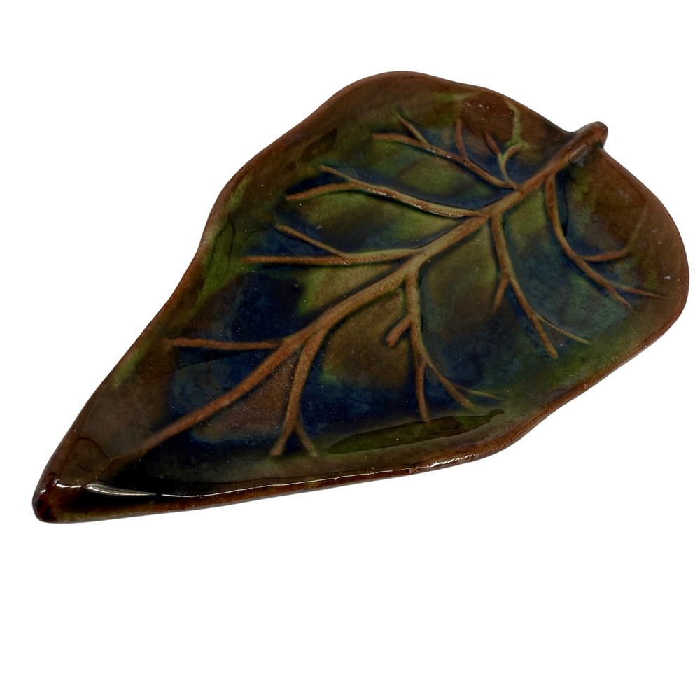 L'Occitane Ceramic Leaf Dish Brown Green Glazed Pottery Trinket Tray Decor